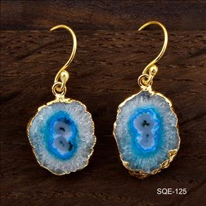 Blue Natural Solar Quartz Gemstone Earring, Hook Earrings Gold Electroplated Earrings Finding Fashion Jewelry (SQE-121)