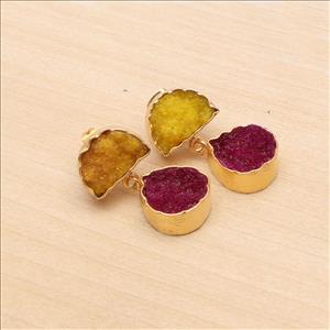 Multi Agate Druzy Gold Plated Gemstone Earrings, Studs Druzy Earrings Finding Jewelry, Gemstone Wholesale Jewelry (EJ-2865)