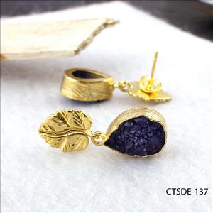 Blue Agate Druzy Gemstone, Natural Gemstone Jewelry, Gold Plated Earrings, Gemstone jewelry (CTSDE-134)