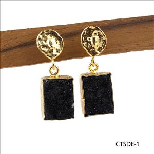 Agate Druzy Earring, Double Stone Stud Earring, Natural Druzy Gemstone Earring, Gold Plated Earring Jewelry (CTSDE-1)