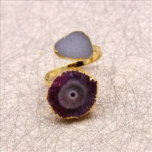 Solar Quartz, Sugar Druzy Gemstone, Double Stone Adjustable Ring, Gold Electroplated Ring, Making Jewelry Supplies (MD2R-25)