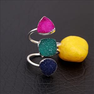 Natural Agate Druzy Gemstone Adjustable Ring Silver Plated Rings, Cushion/Heart Shapes Multi Gemstone Rings Jewelry (EJ-2003)