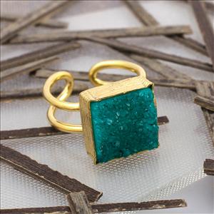 Natural Agate Druzy Gemstone Ring, 14 MM Square Shape, Handmade Gold Plated Ring , Adjustable Ring Jewelry(SDR-18)