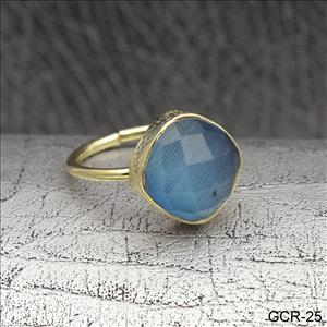 Blue Cat's- Eye Gemstone Ring, 12 MM Cushion Gemstone, Hammered Ring, Gold Plated Ring, Adjustable Ring, Stackable Ring Jewelry (GCR-24)