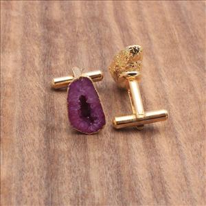Gold Electroplated Cufflink, Geode Druzy Gemstone, Pink Cuff Links, Gifts For Him, Handmade Finding Jewelry (EJ-644)