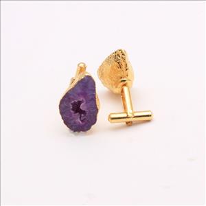 Purple Cuff Links, Geode Druzy Gemstone Cufflink,Gold Electroplated, Handmade Jewelry(EJ-629)